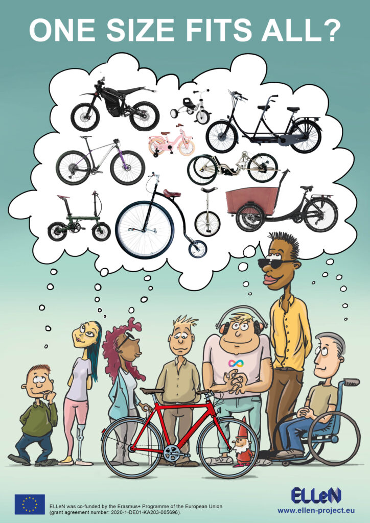 People of different ages, sizes, disabilities, etc. are thinking about bikes. The text says: "One size fits all?"
